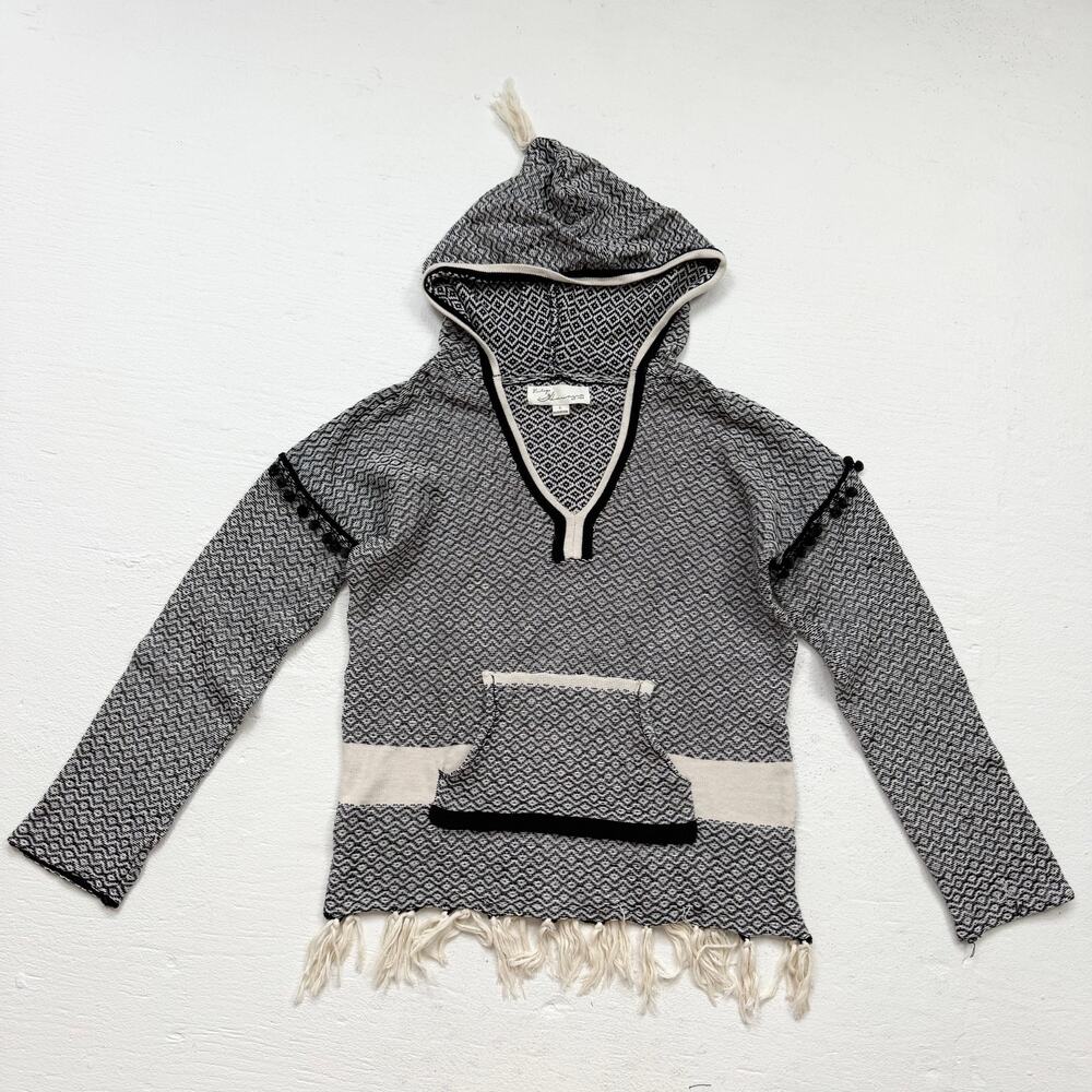 Vintage Havana Fringe Trim Baja Hoodie L Black Cream Patterned Pullover